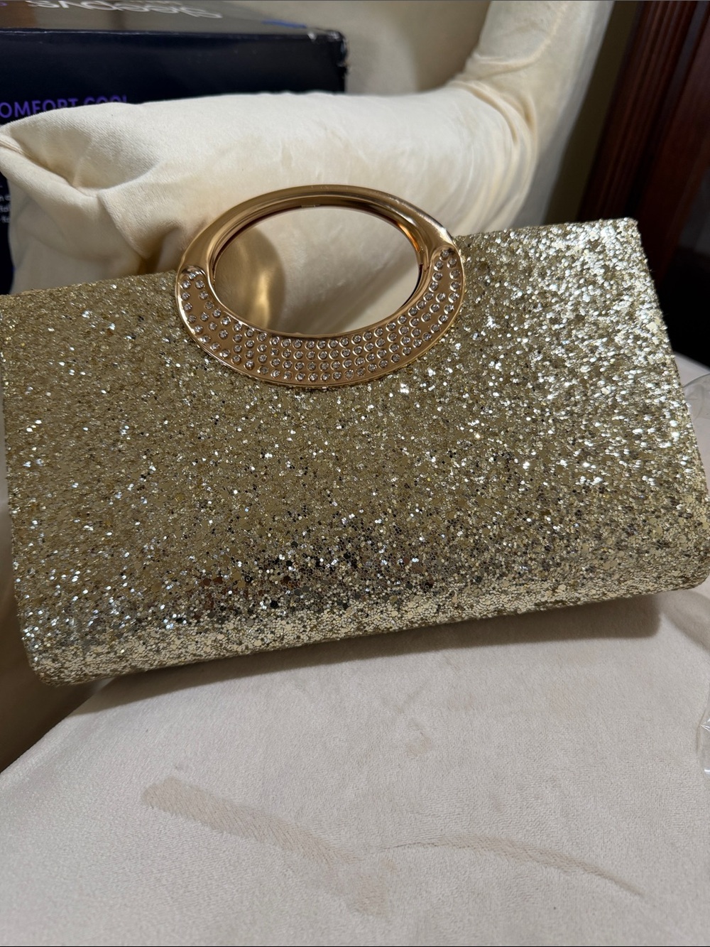 Gold Glitter Evening Clutch with Crystal-Trim Handle